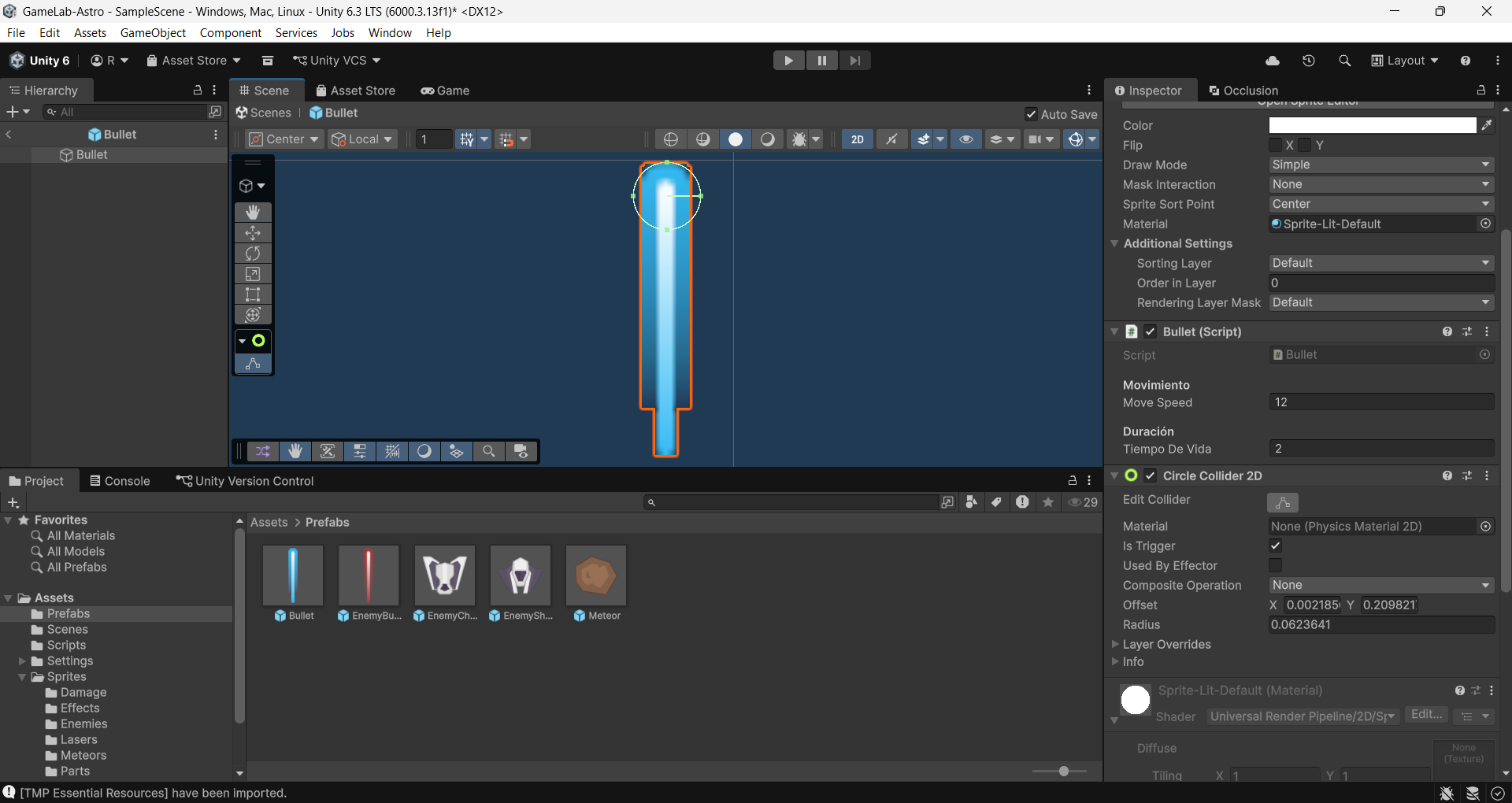 Inspector del prefab Bullet con Circle Collider 2D (Is Trigger activado)